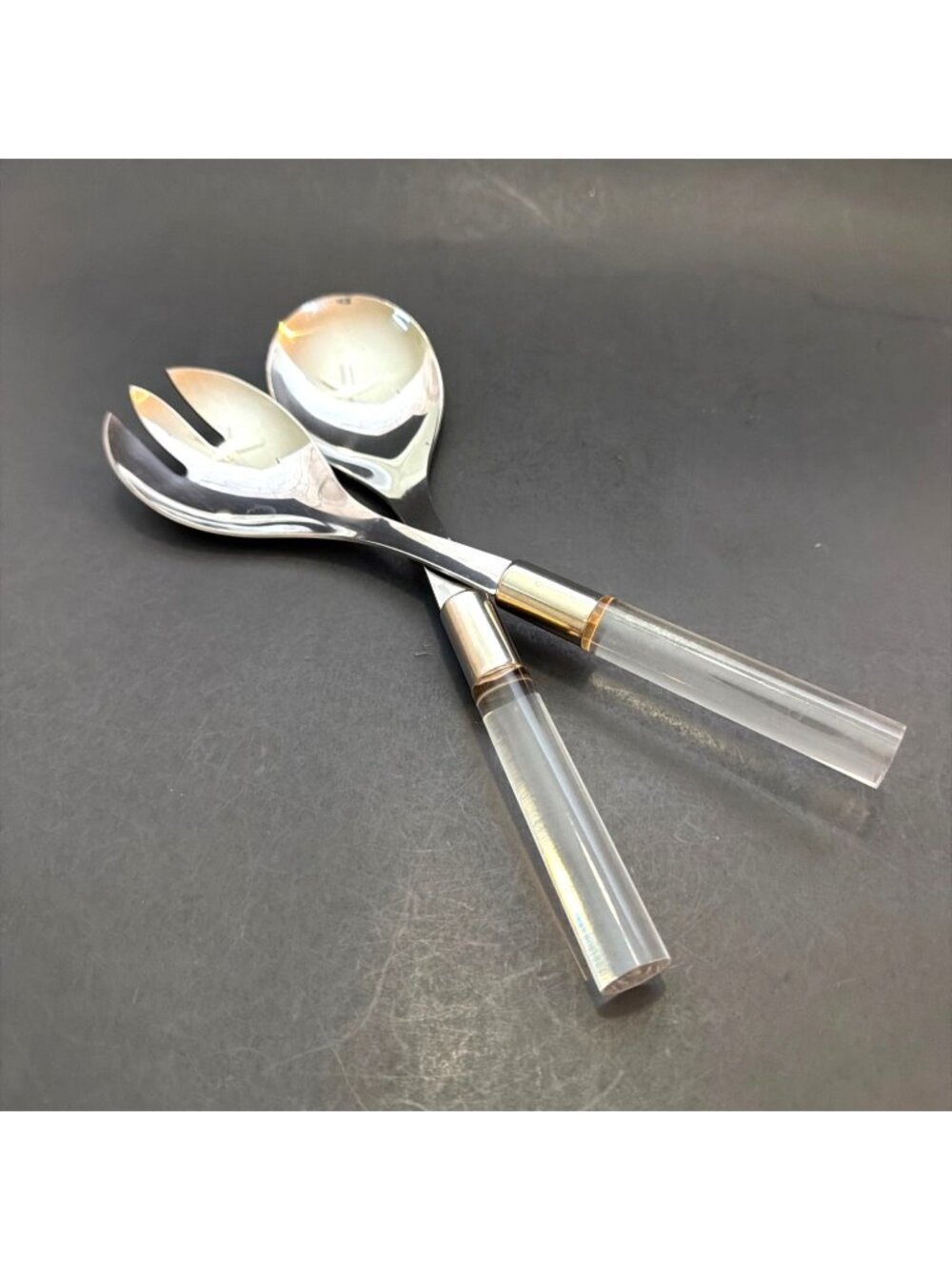 Vintage Japan Mikasa Prisma Clear Gold Salad Spoon Fork Serving 2 pc Set Acrylic